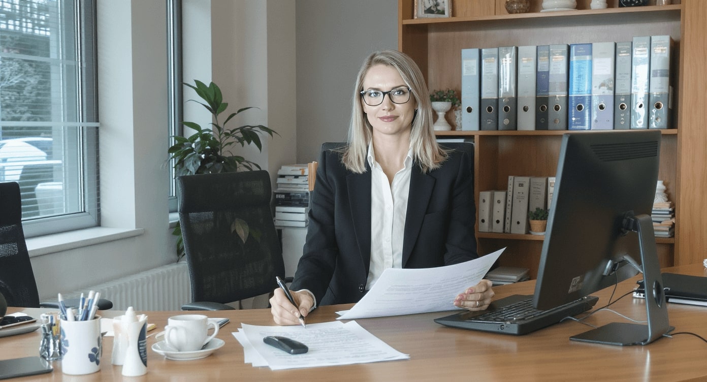 Geschäftsfrau mit Brille und Dokumenten in Büro mit Aktenordnern