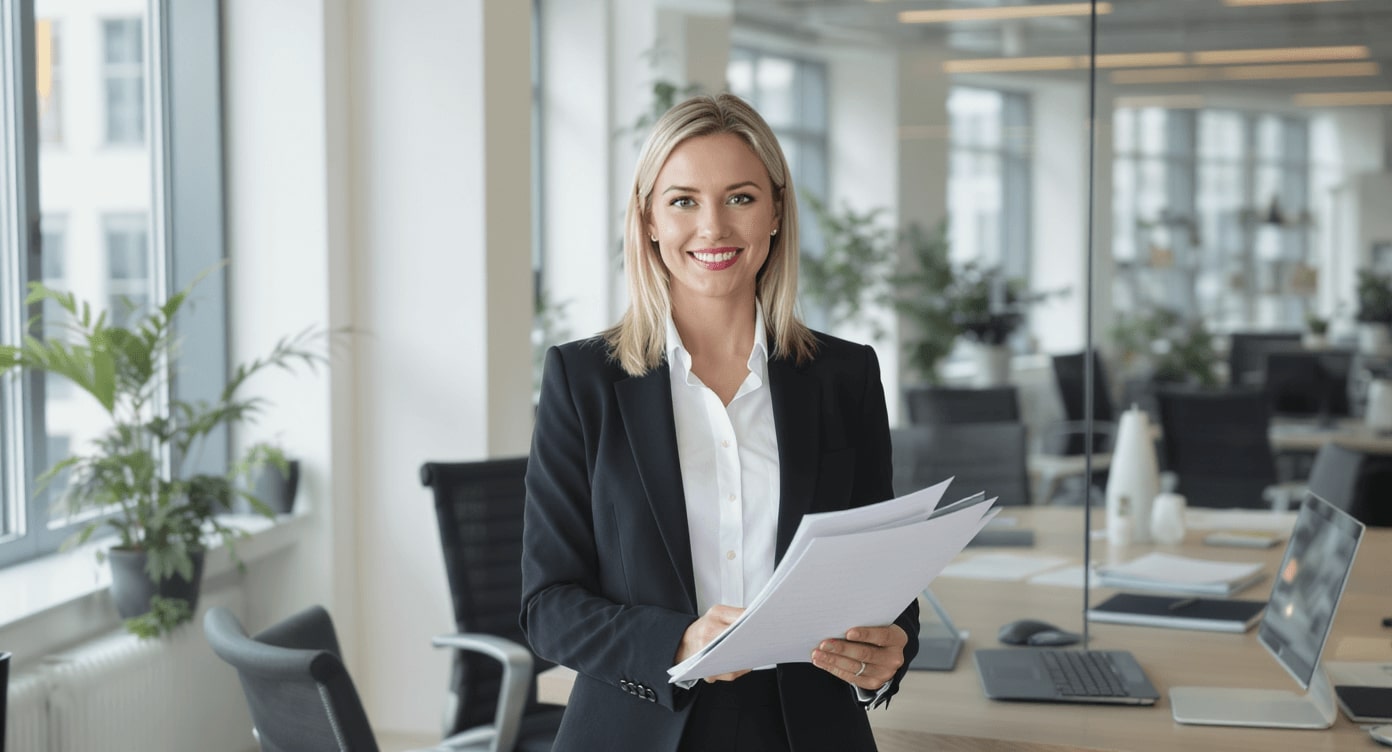 Blonde Geschäftsfrau mit Anzug und Dokumenten in modernem Büro