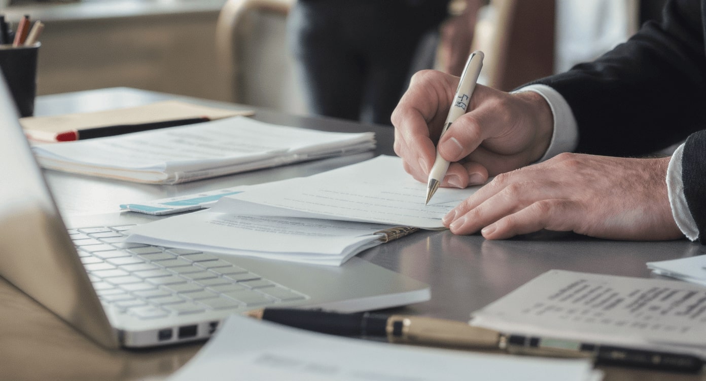 Hände schreiben mit Stift auf Dokumente neben Laptop