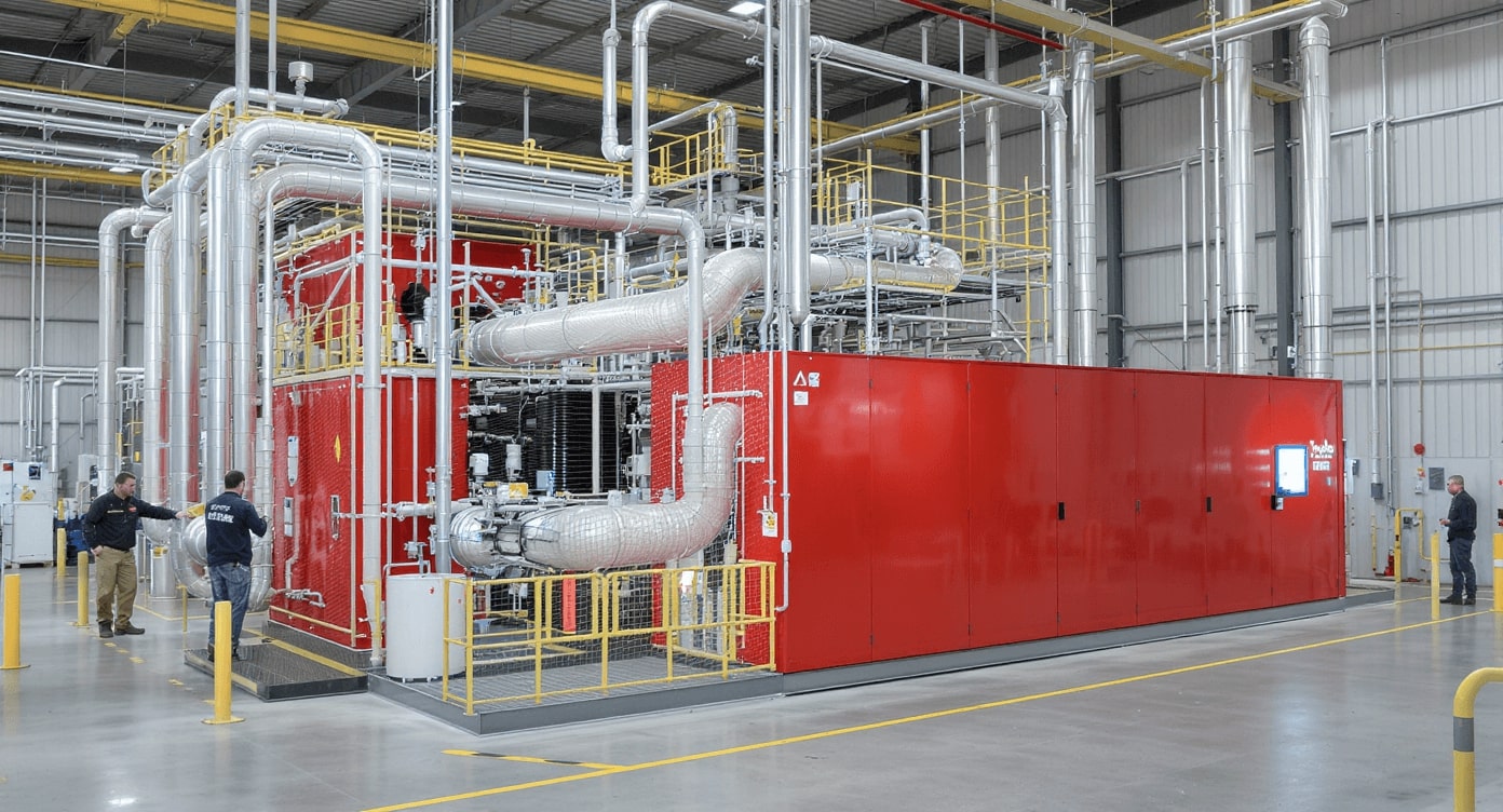 Rote Industrieanlage mit Rohrsystem und Arbeitern in Fabrikhalle