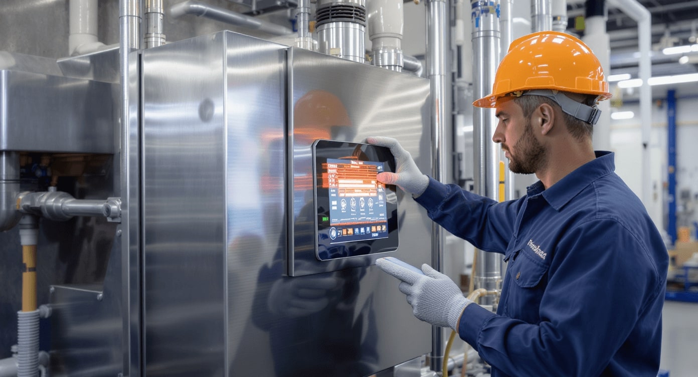 Techniker mit orangenem Schutzhelm bedient Tablet an Edelstahl-Industrieanlage