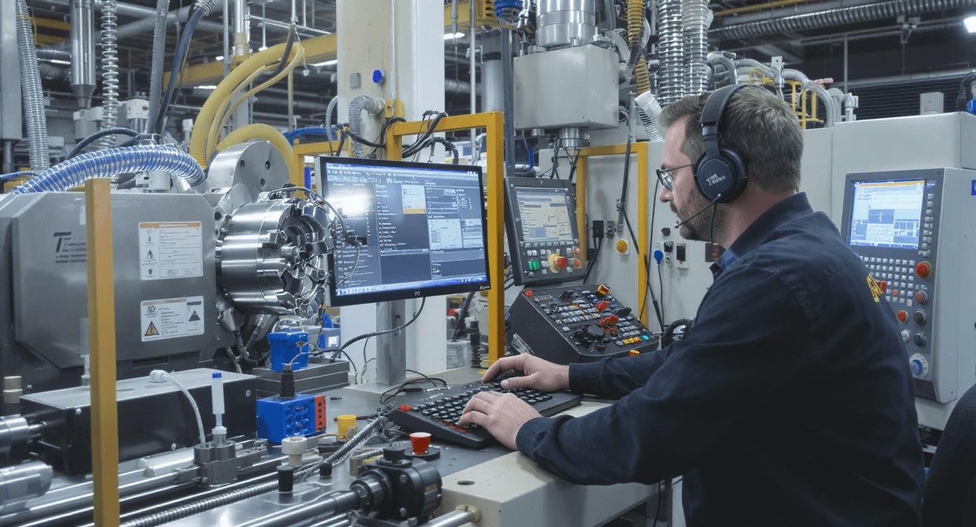 Techniker mit Kopfhörern steuert Präzisionsmaschine mit mehreren Monitoren