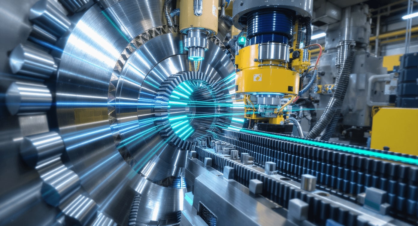 Hochmoderne Produktionsmaschine mit blauen Lichteffekten und Bewegungsunschärfe