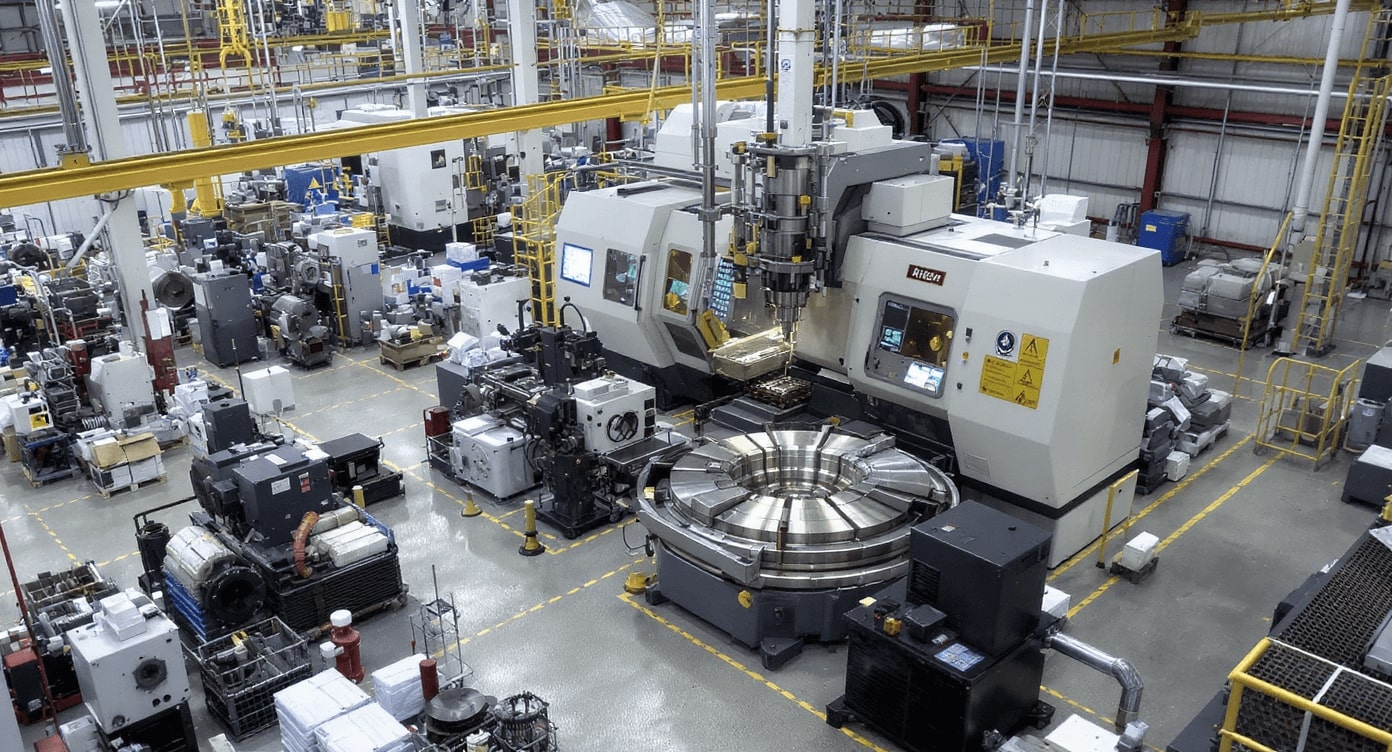 Große Produktionshalle mit CNC-Maschinen und Industrieanlagen
