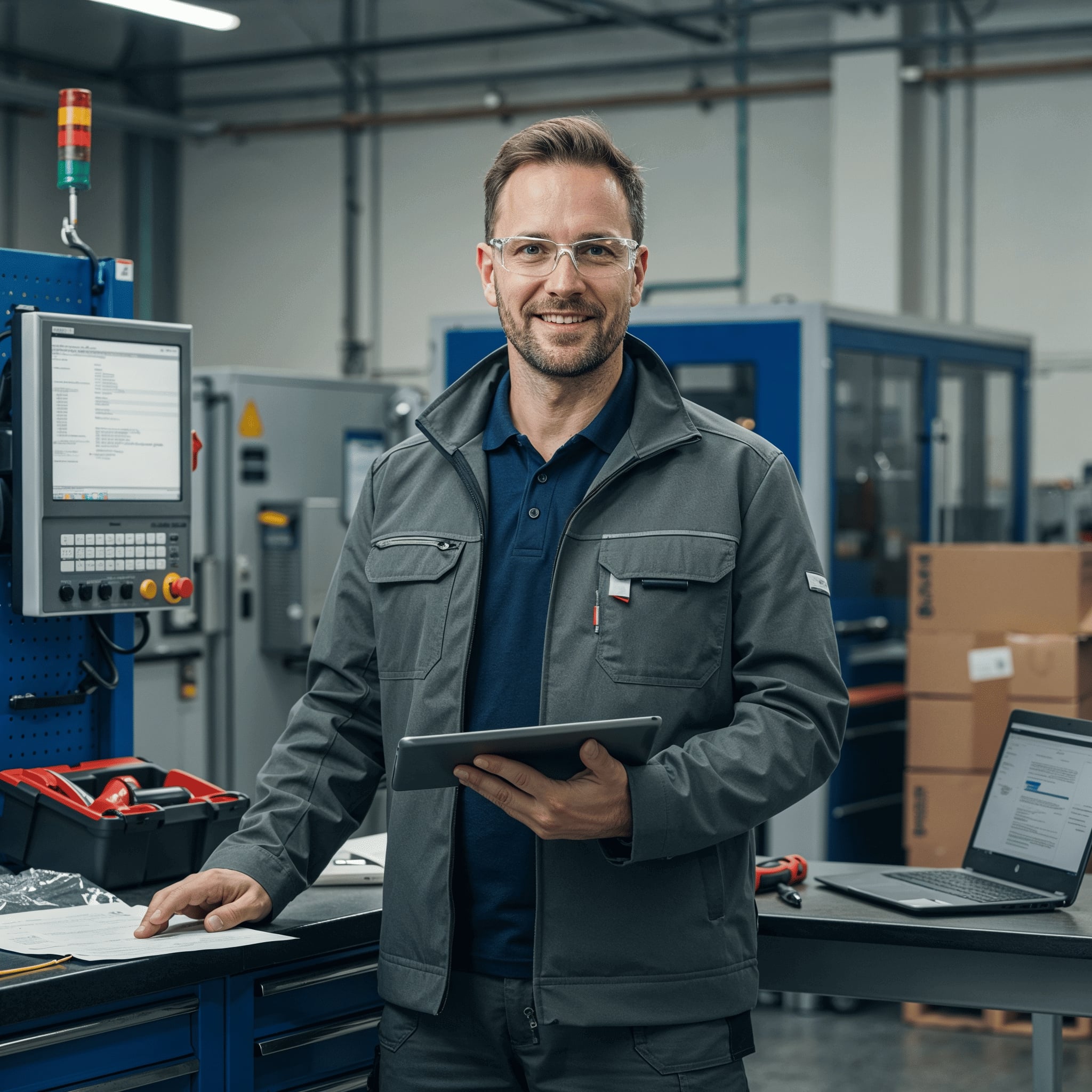Lächelnder Techniker mit Tablet und Schutzbrille in grauer Arbeitskleidung