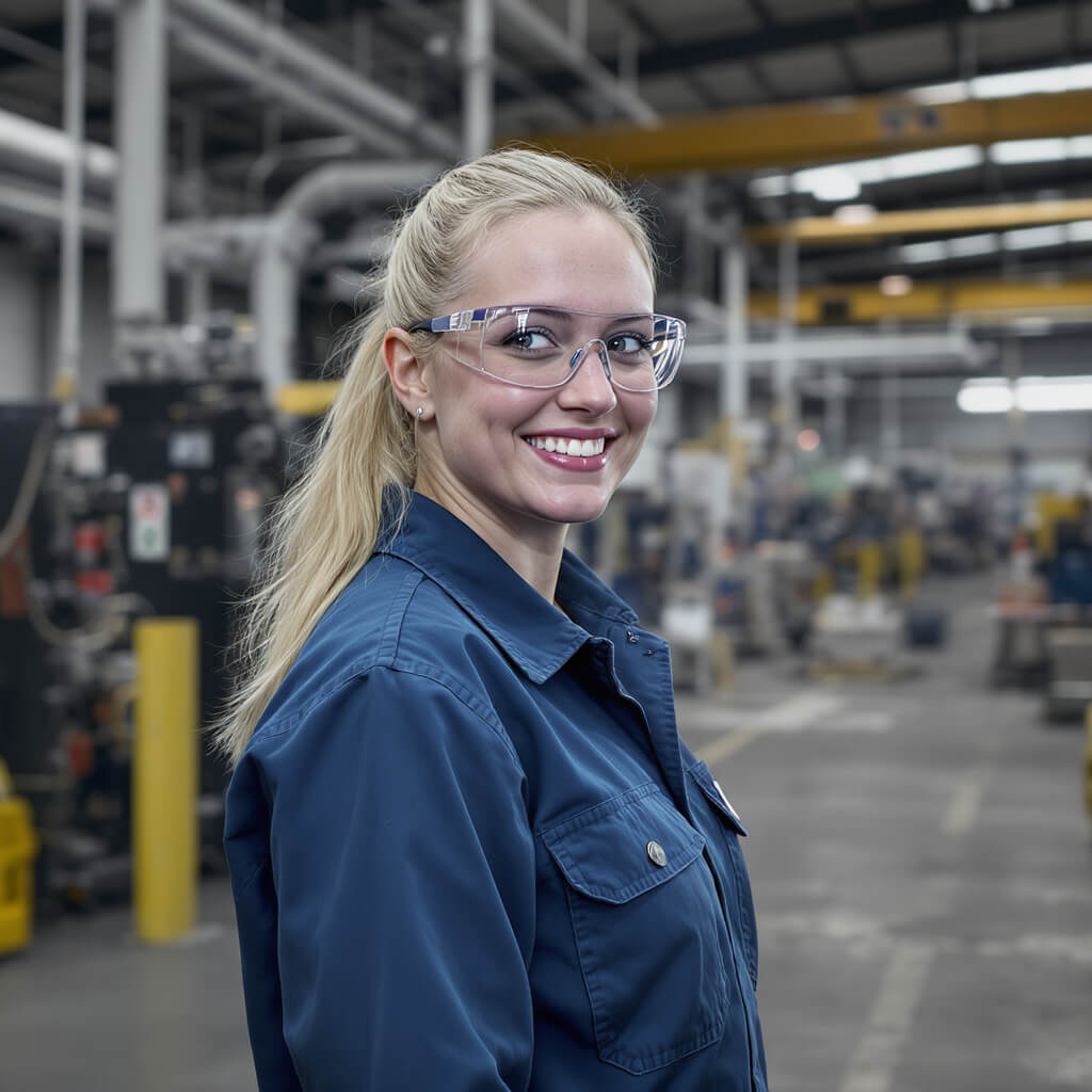 Blonde Technikerin mit Schutzbrille und blauer Arbeitskleidung in Fabrik