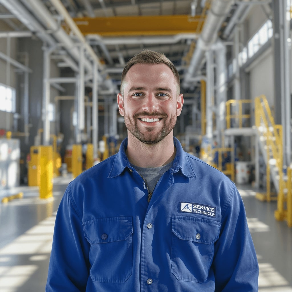 Servicetechniker in blauer Arbeitskleidung lächelt in Industrieumgebung
