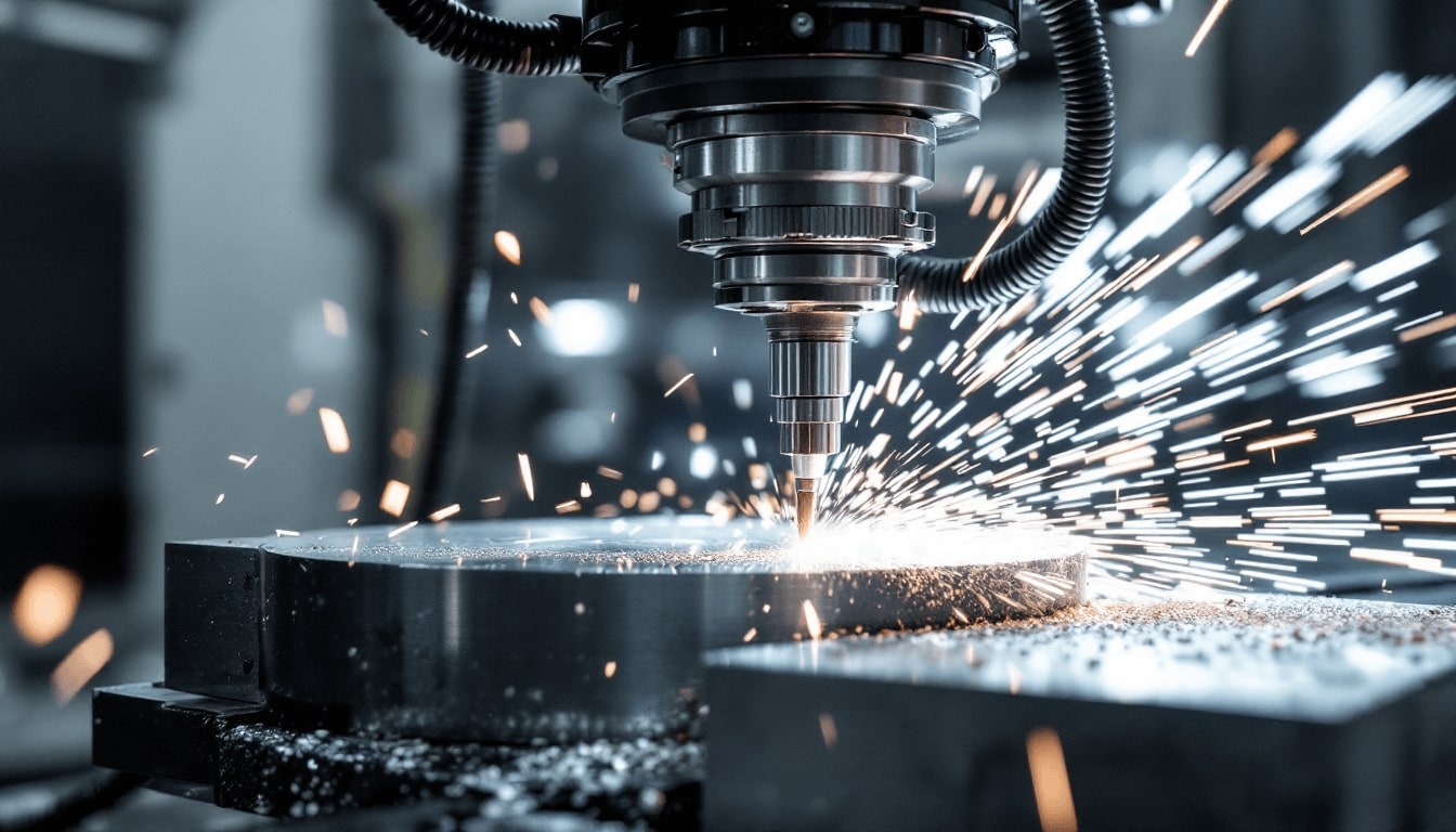 CNC-Fräsmaschine mit Funkenflug bei Metallbearbeitung