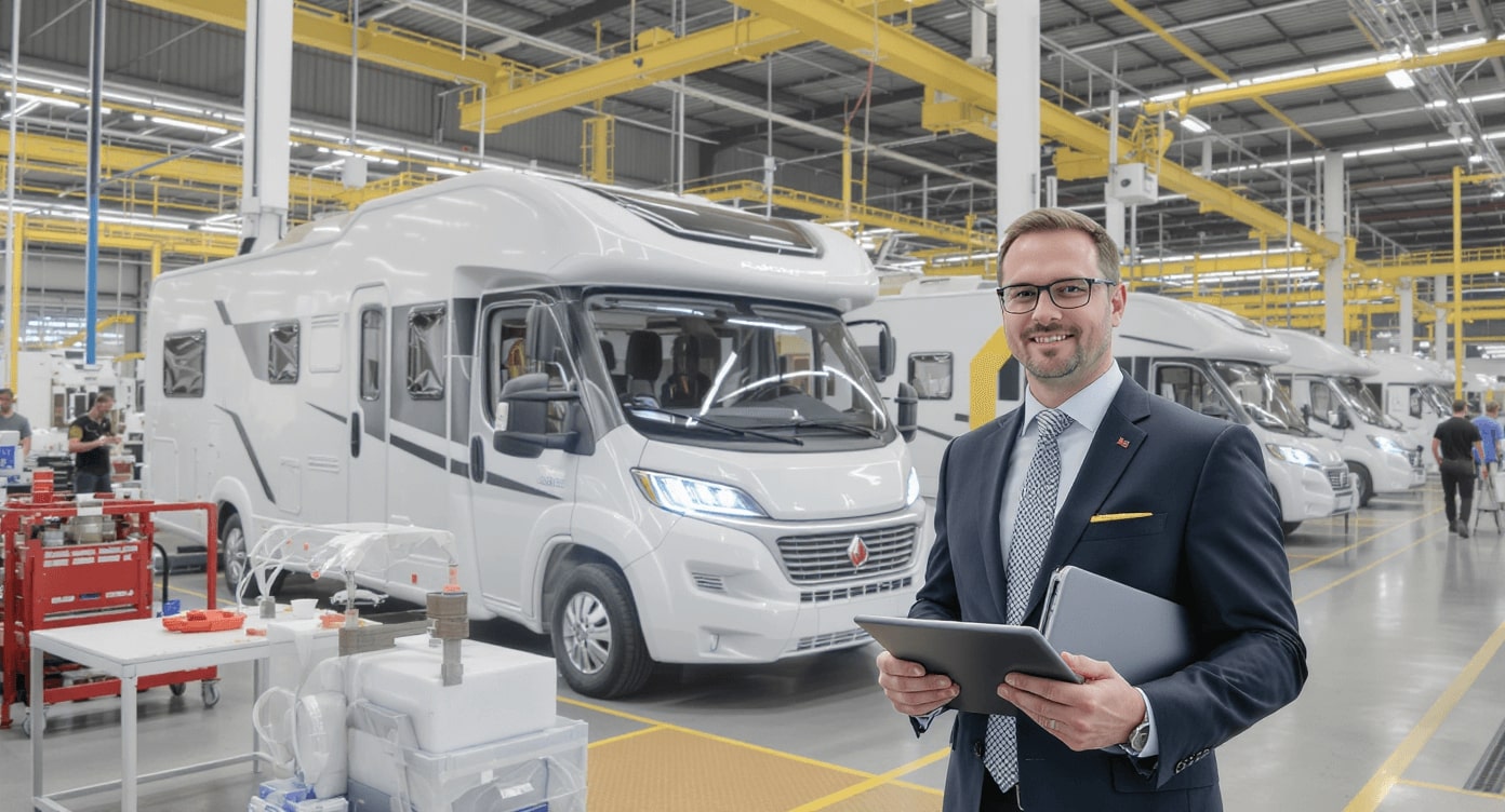 Manager im Anzug mit Tablet in Wohnmobil-Fertigungshalle