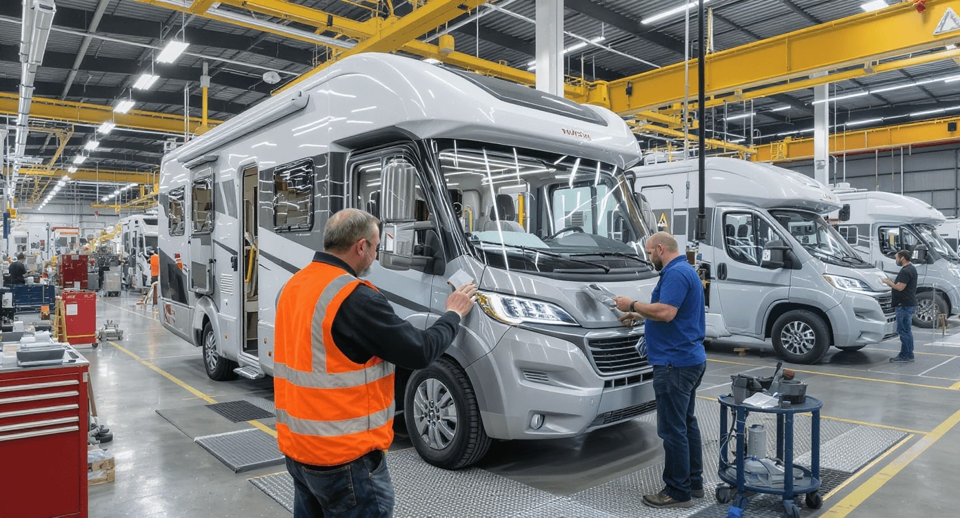  Zwei Arbeiter kontrollieren weißes Wohnmobil in Produktionshalle