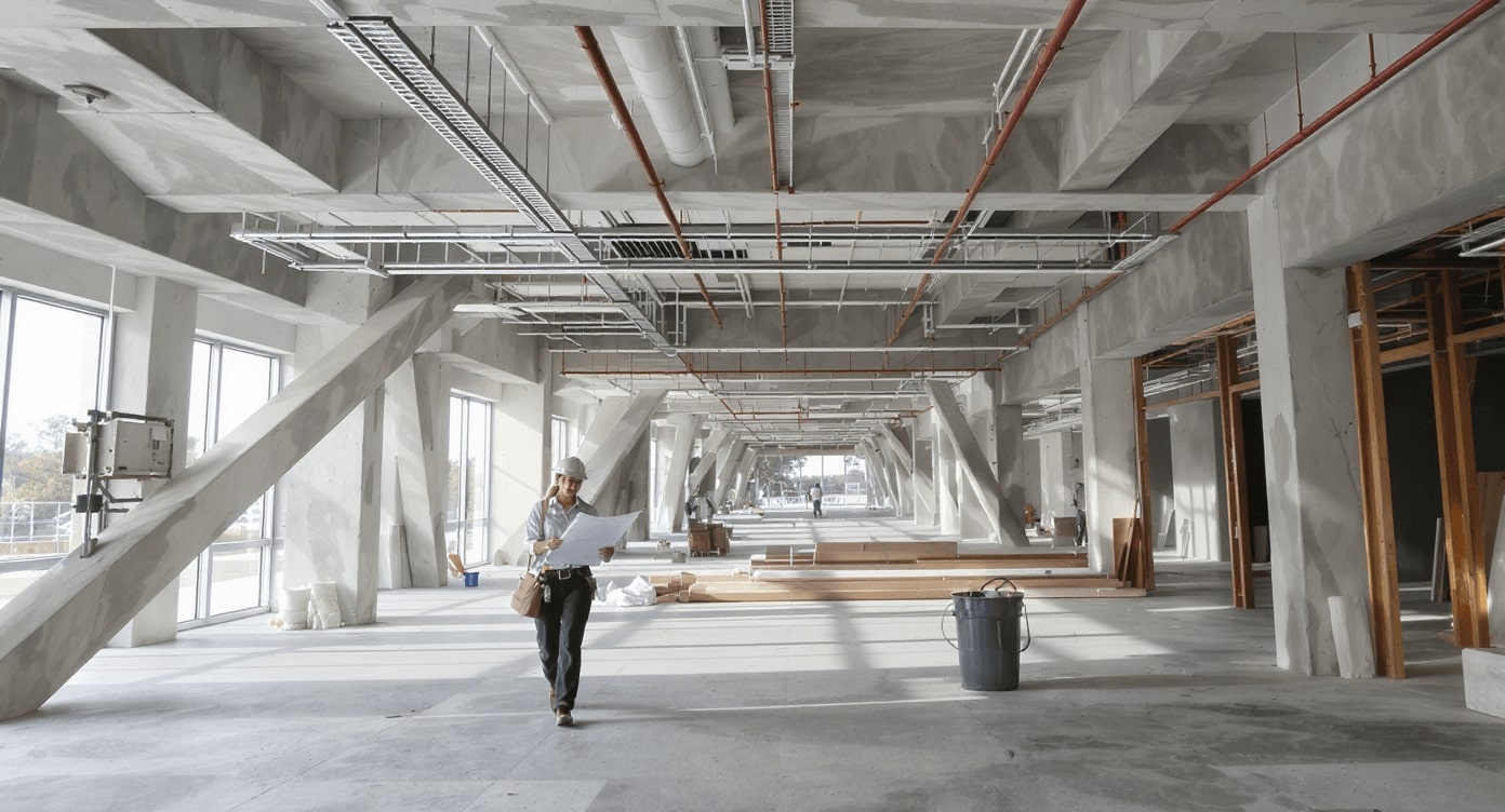 Bauarbeiterin mit Schutzhelm und Plänen in Rohbau mit Betonsäulen