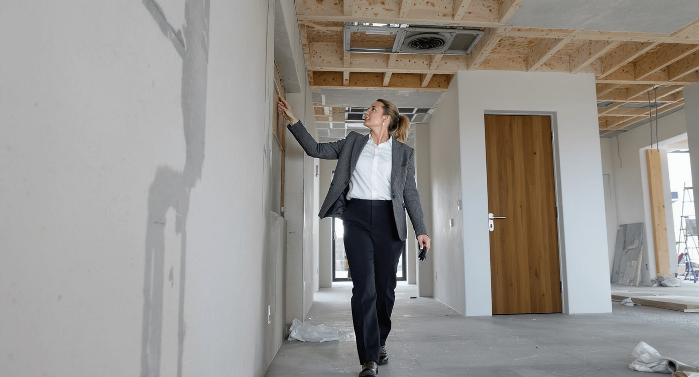 Geschäftsfrau inspiziert Rohbau-Innenraum mit Deckenstruktur