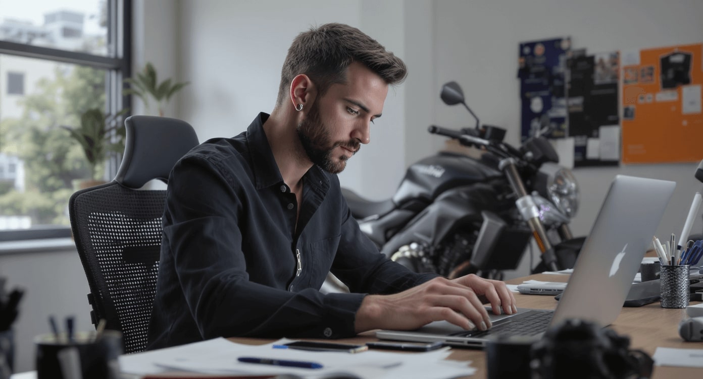 Mann mit Bart am Laptop in Büro mit Motorrad im Hintergrund