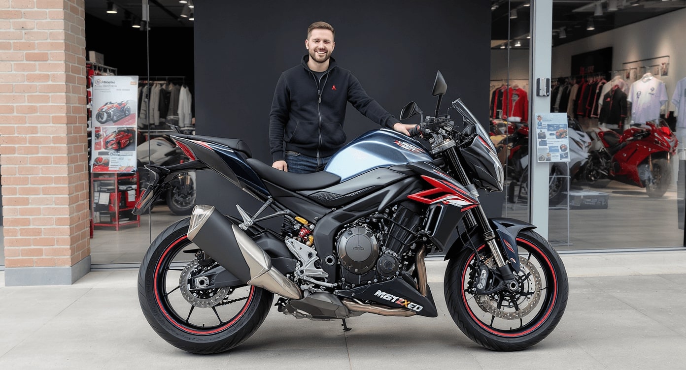 Mann neben schwarzer Ducati in modernem Motorrad-Showroom