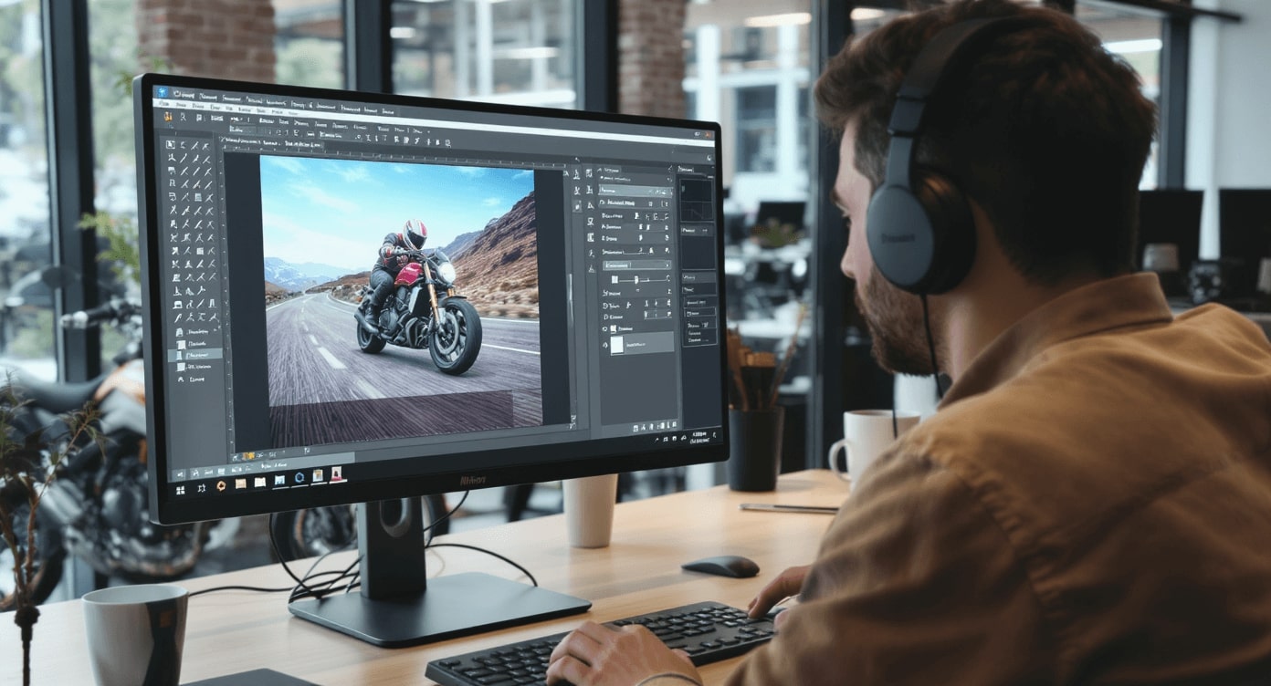 Grafikdesigner mit Kopfhörern bearbeitet Motorradfoto in Photoshop