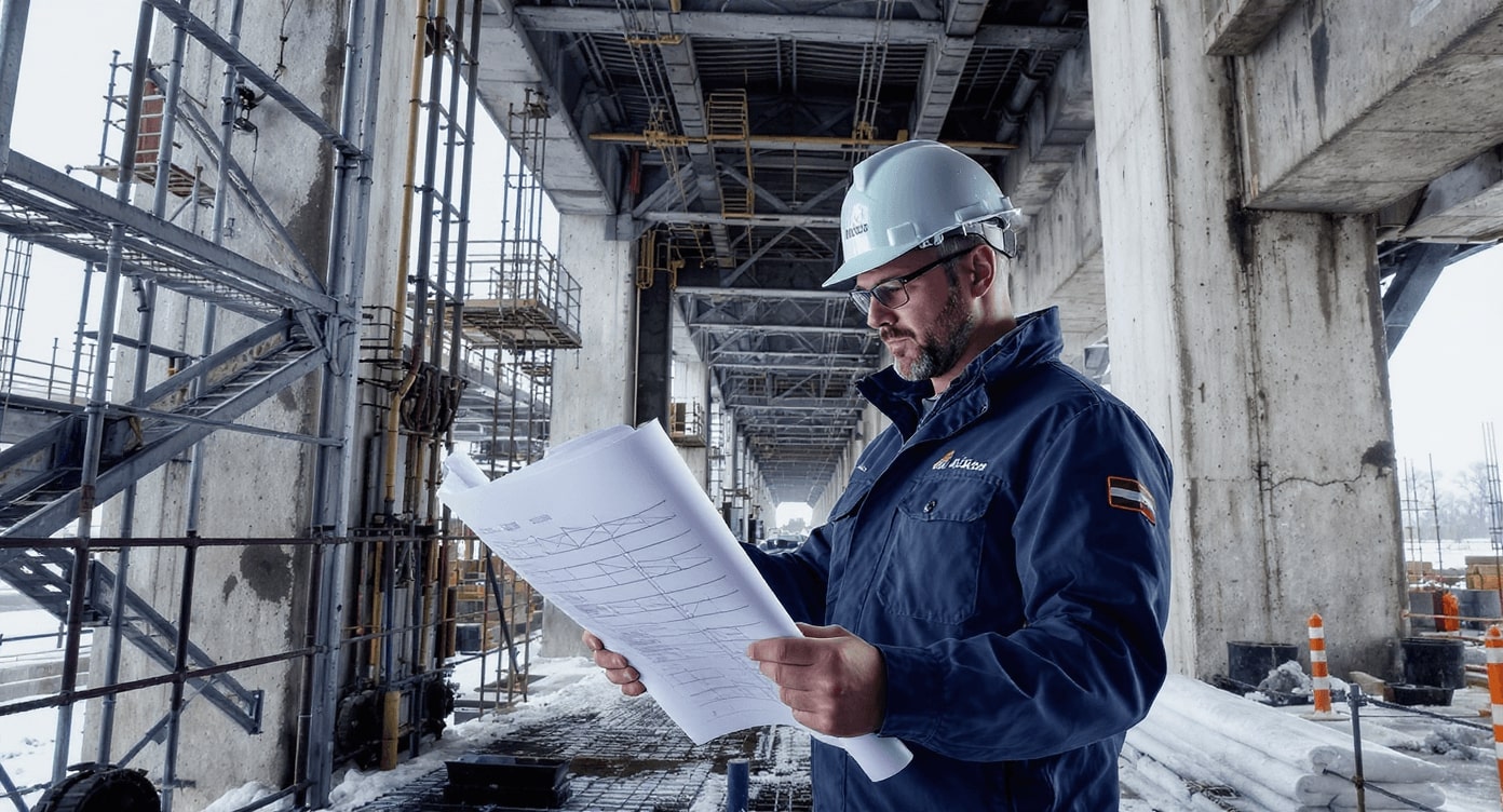 Bauarbeiter mit Schutzhelm prüft Pläne in Betonrohbau mit Gerüsten
