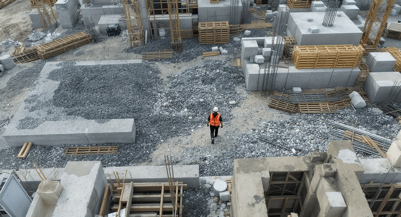 Luftaufnahme: Arbeiter in Warnweste geht durch Betonfundamente auf Baustelle