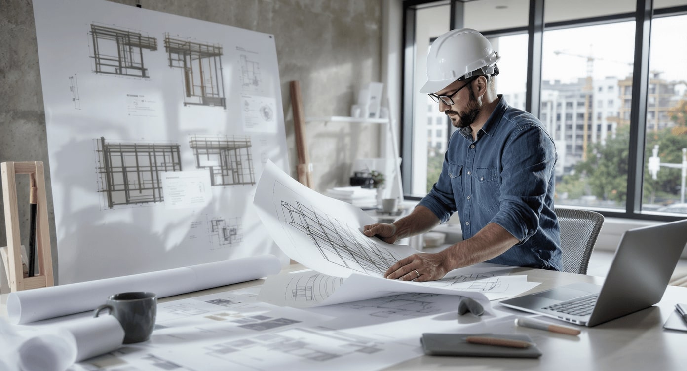 Architekt mit Schutzhelm prüft Baupläne im Büro vor Konstruktionsposter