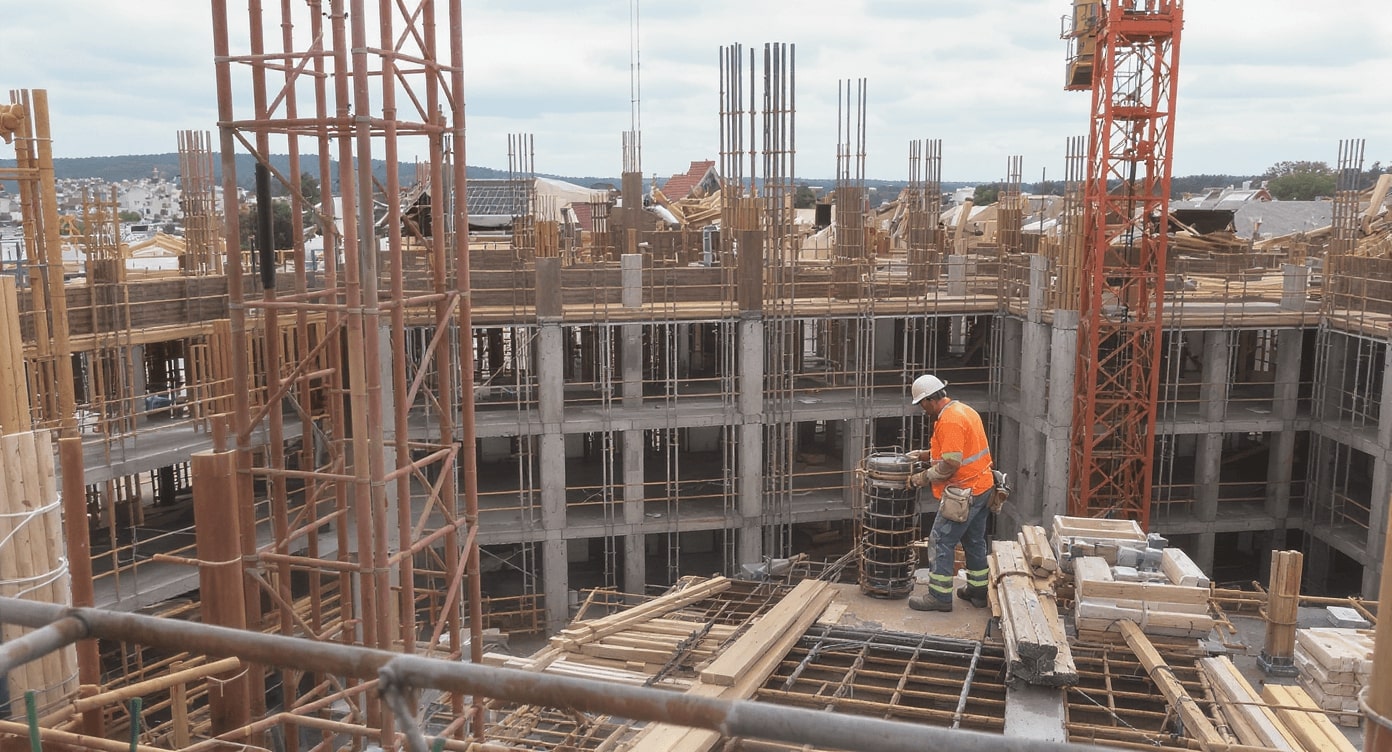 Arbeiter in orangener Warnweste auf großer Betonbaustelle mit Bewehrungsstahl