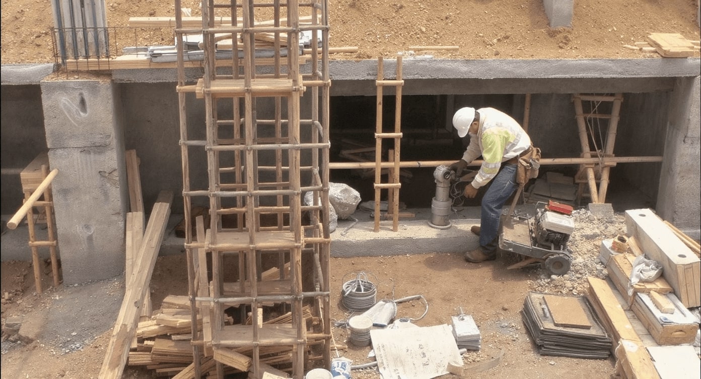 Bauarbeiter mit Bohrgerät arbeitet an Betonfundament