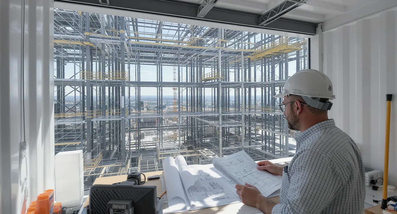 Bauingenieur mit weißem Helm studiert Pläne vor großer Stahlkonstruktion