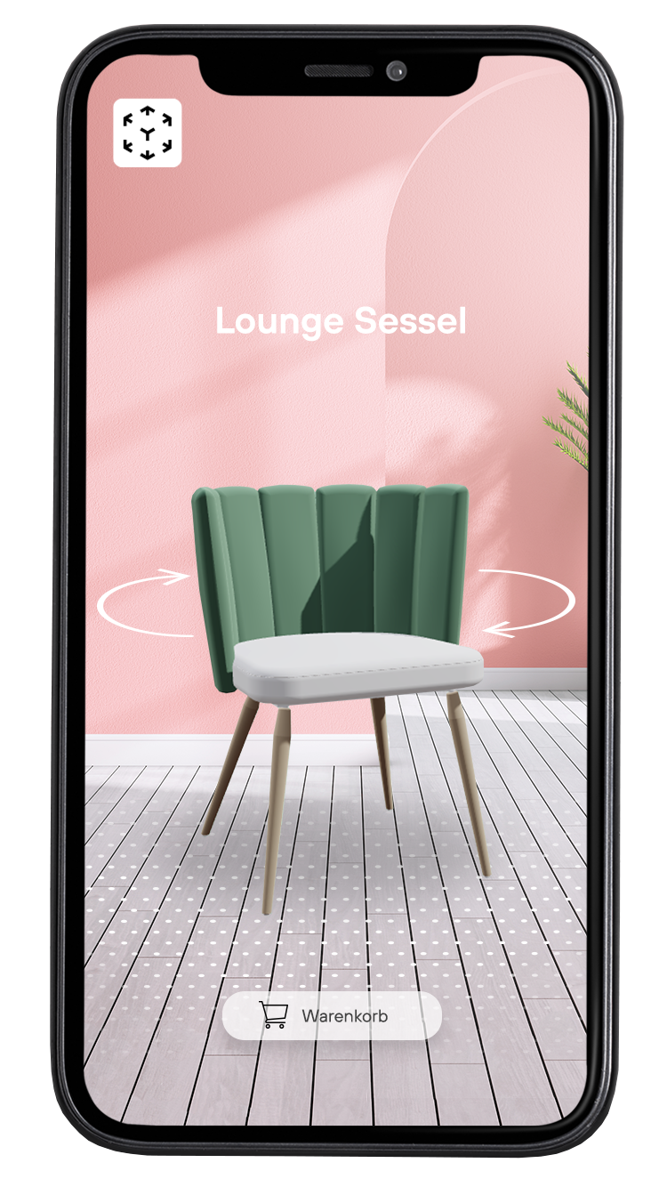 In der Kamera App des Smartphones wird ein 3D Stuhl mit Hilfe von Augmented Reality in die Umgebung projiziert.