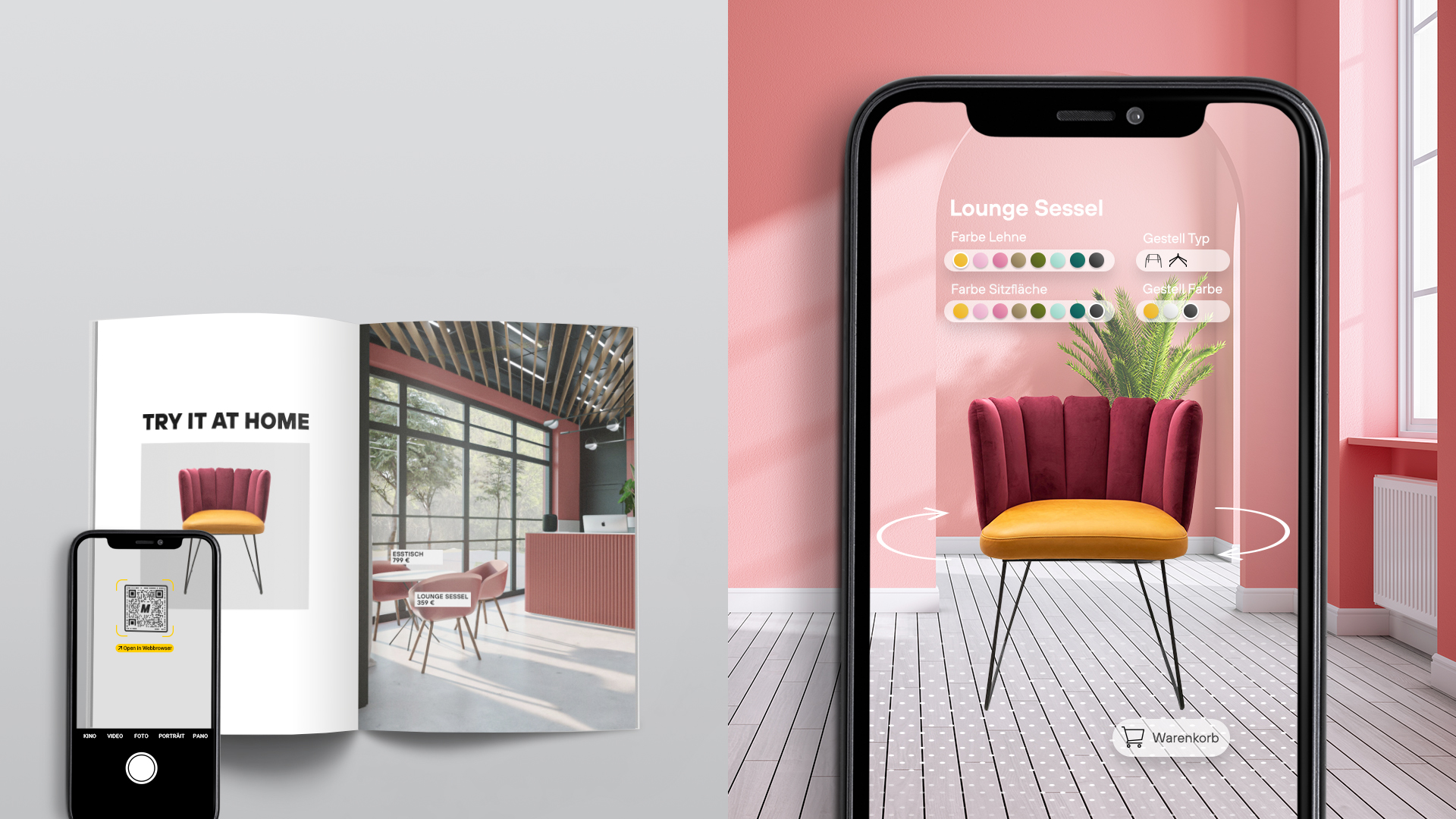 Eine Anzeigein einem Magazin, die mit Hilfe eines QR-Codes auf einen Augmented Reality Möbelkonfigurator verweist.