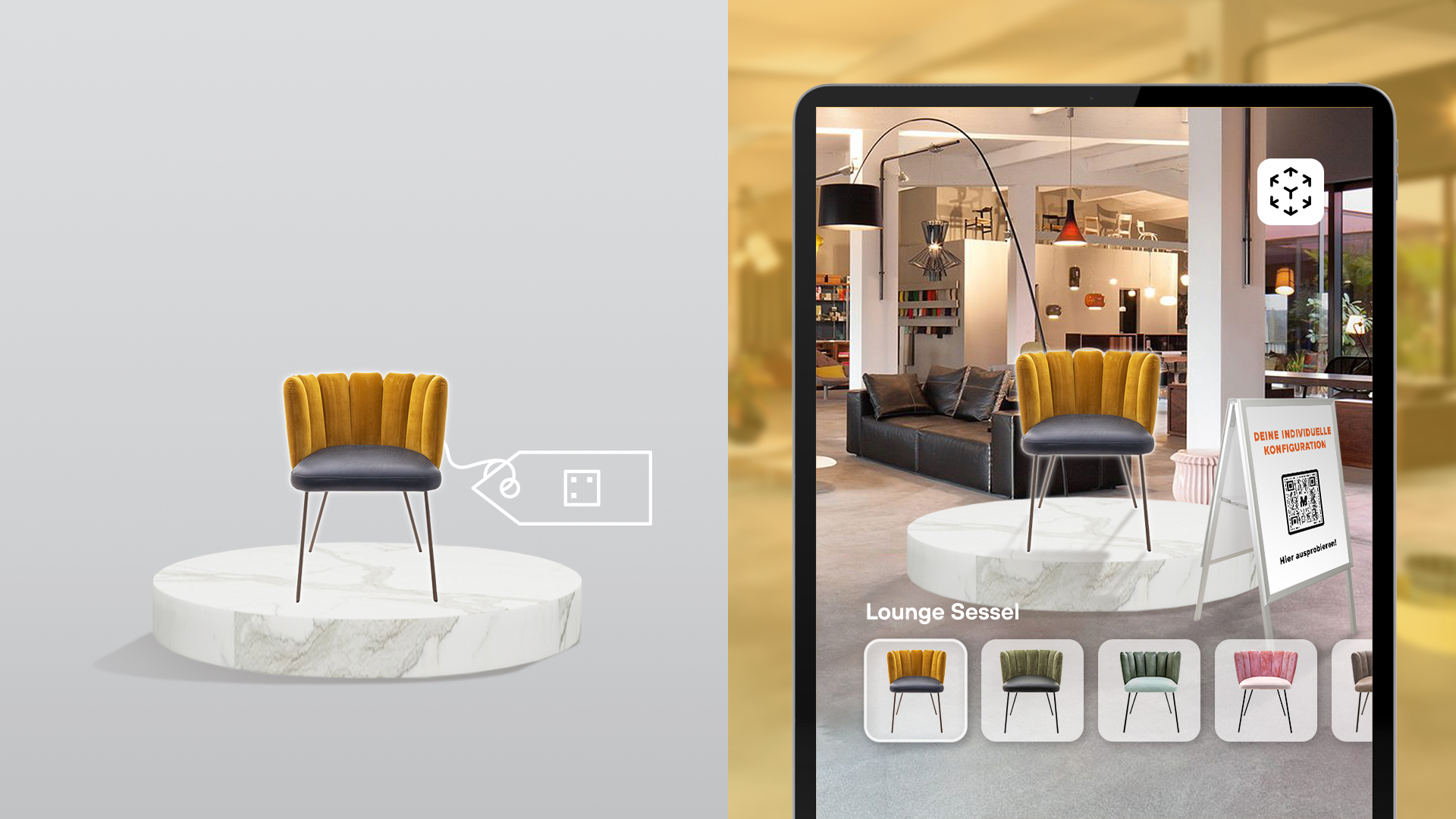 Ein Stuhl wird mit Hilfe eines Augmented Reality Konfigurators direkt im Geschäft angepasst.