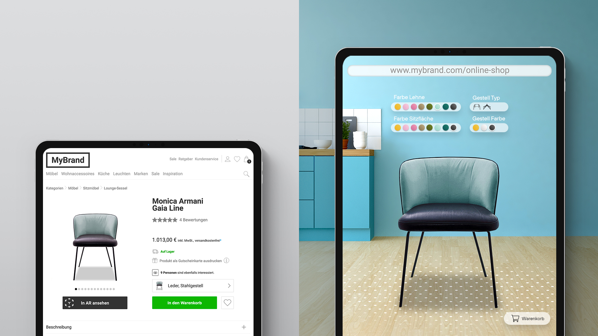 Ein Online-Shop eines Möbelgeschäftes mit der Funktion die Objekte mittel Augmented Reality in die Welt zu projizieren.