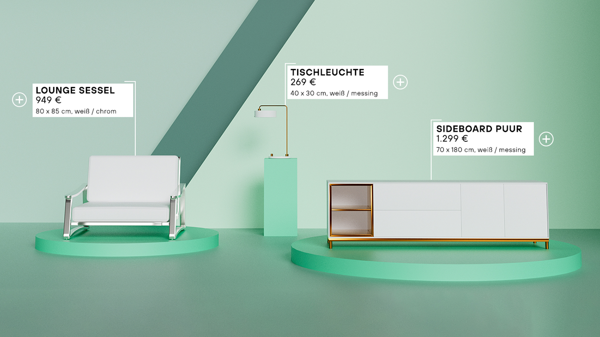 Digitaler Webshop in 3D. Ein hochaufgelöstes Modell eines Sessels, einer Nachttischlampe und eines Sideboards sind hier ausgestellt.
