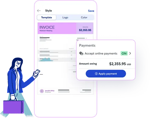 Invoice template showing an amount due with an option to accept online payments. A button labeled 'Apply payment' is displayed.