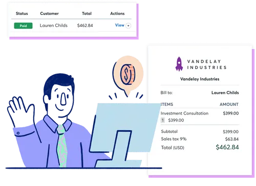 Affiliate marketer sitting in front of their computer getting paid a commission for referring Wave. A simplified consulting invoice is on the right.