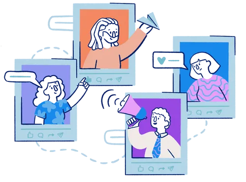 Four individuals in colorful frames, each interacting with icons and symbols like speech bubbles, thumbs up, and a megaphone.