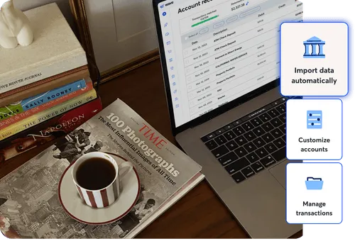 Laptop with buttons to "import data automatically", "customize accounts", and "manage accounts"