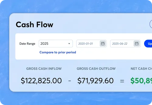 Cash flow report in Wave, showing gross cash inflow, gross cash outflow, and net cash change.