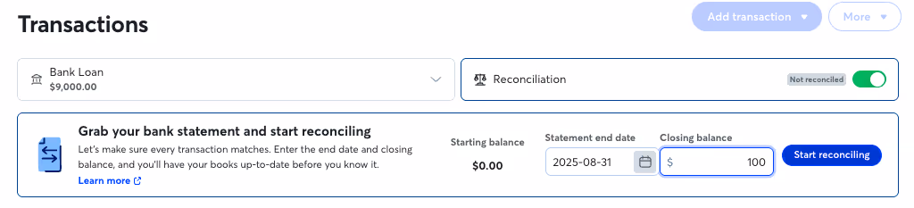To create a new period, enter the end date and closing balance from your bank statement, then click Start reconciling