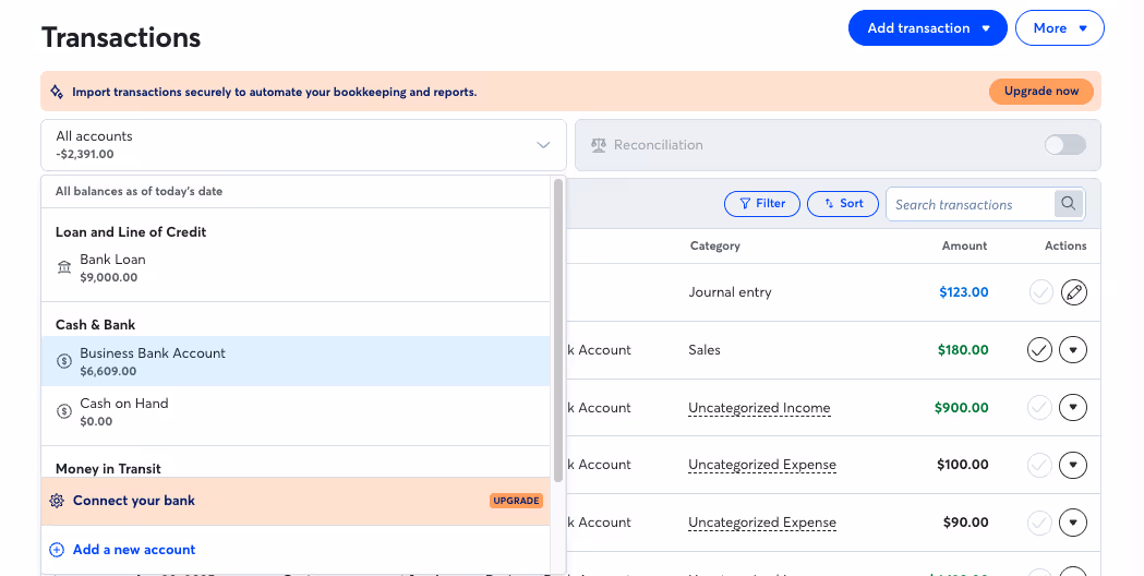 Click All accounts to open the dropdown menu, and select the account you want to reconcile