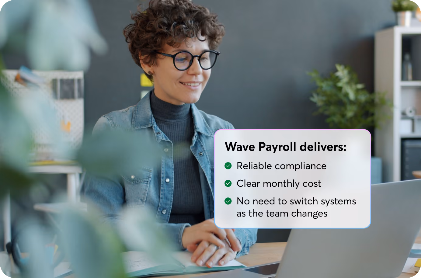 Small business owner using Wave Payroll on a laptop, highlighting payroll compliance, transparent pricing, and payroll software that scales with growing teams.