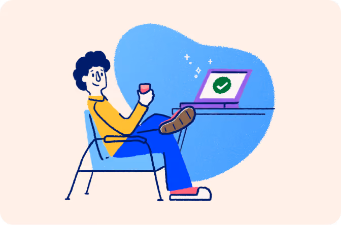 Illustration of a small business owner using a laptop connected to integrated business apps with automated data syncing and workflow completion.