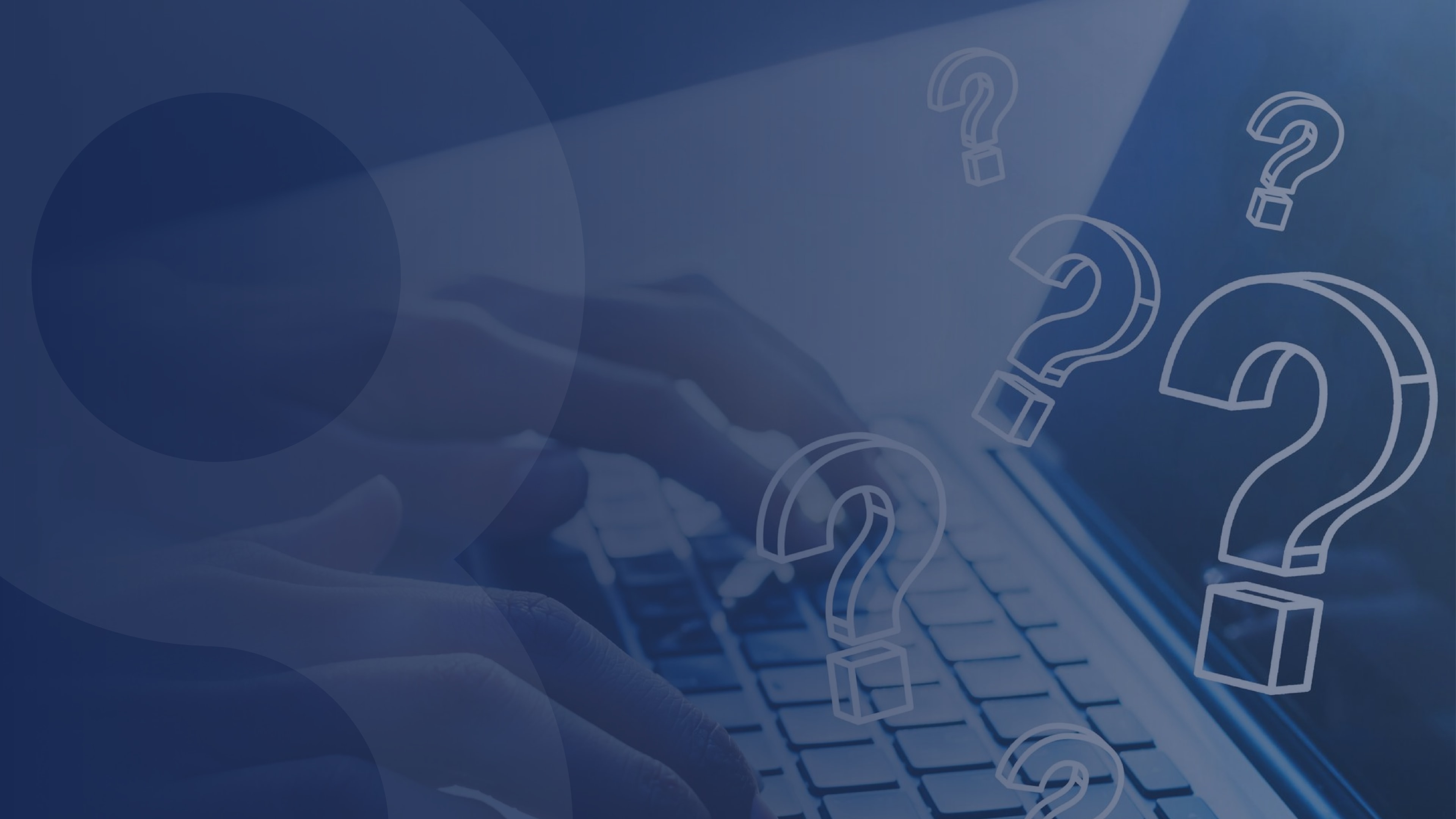 Hands typing on a laptop keyboard with floating question marks, suggesting inquiries about UCaaS solutions.