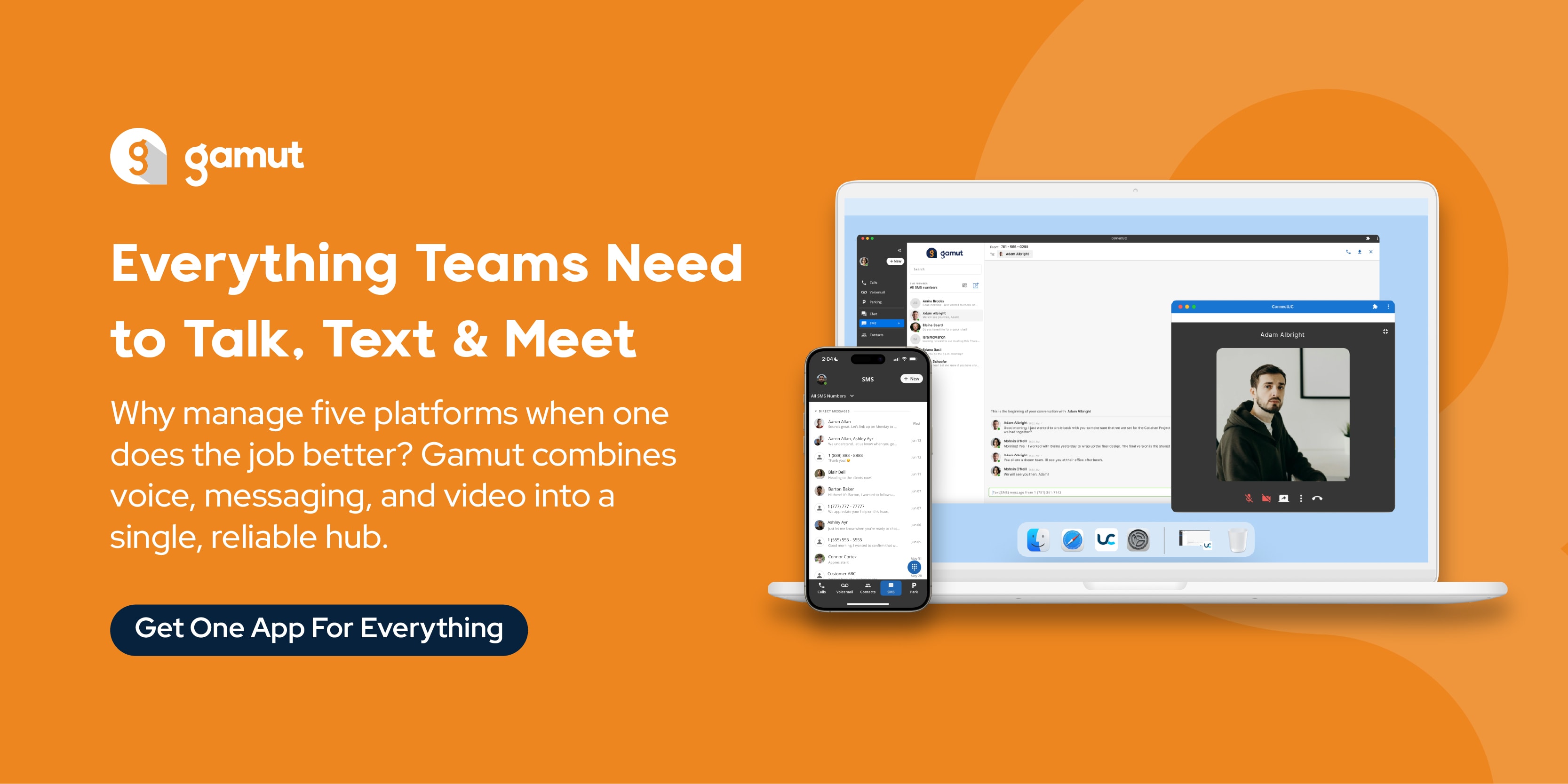 Gamut app displayed on a laptop and phone beside the text: “Everything Teams Need to Talk, Text & Meet.” Highlights voice, messaging, file sharing, and video calls in one remote-friendly telecom solution.
