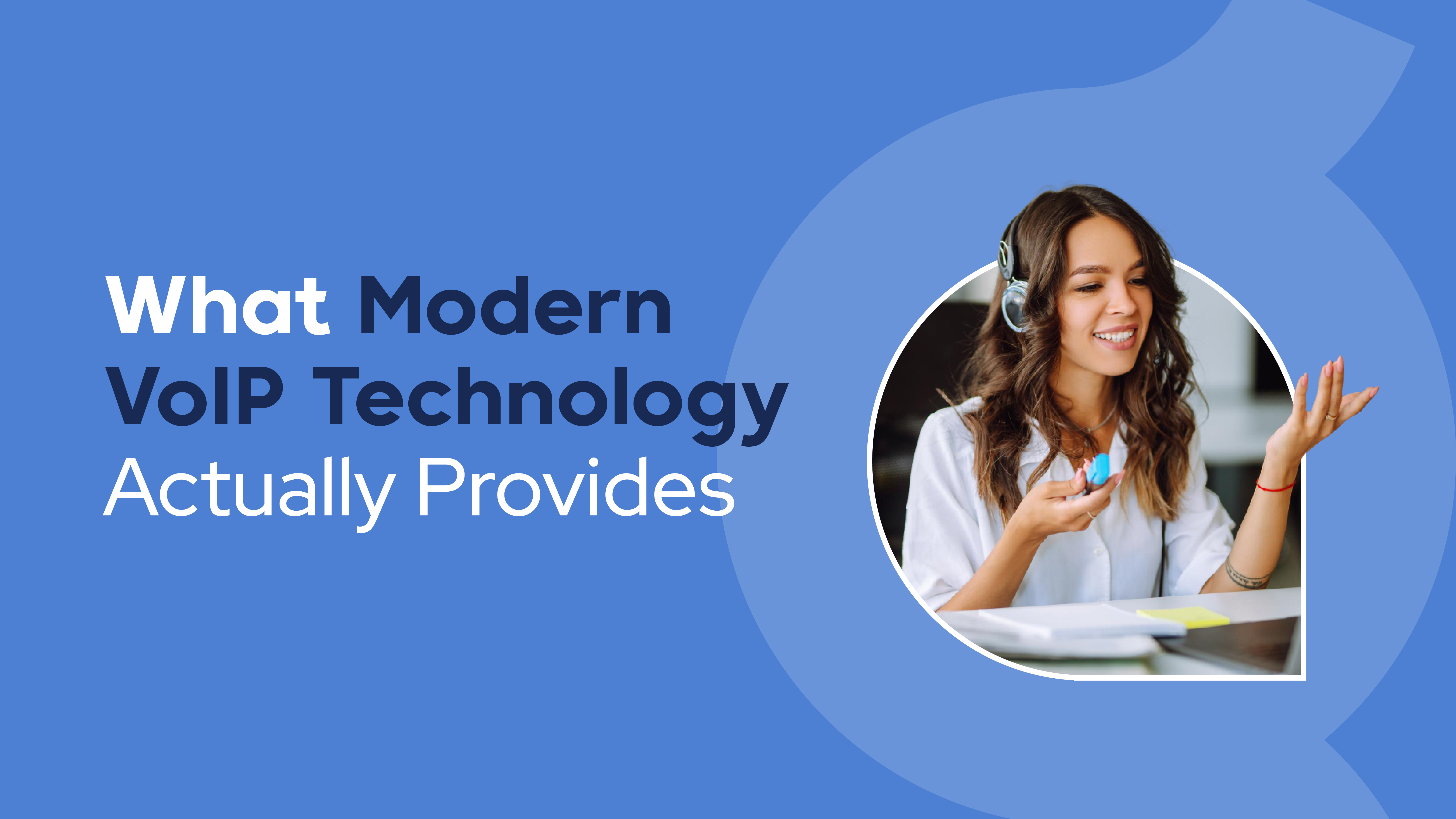 Customer support representative with headset smiling, illustrating features provided by a modern business VoIP service provider.