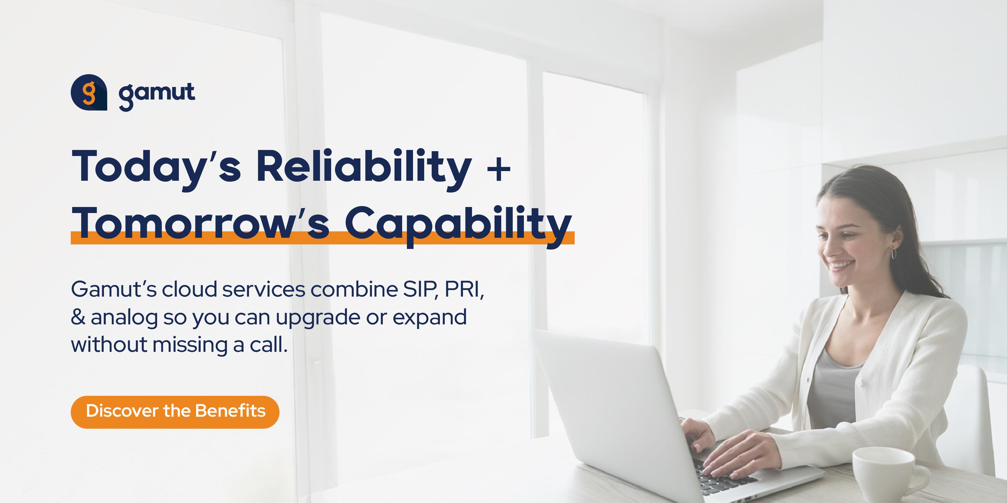 Gamut promotional banner featuring a woman working on a laptop, highlighting cloud services that combine SIP, PRI, and analog connectivity.