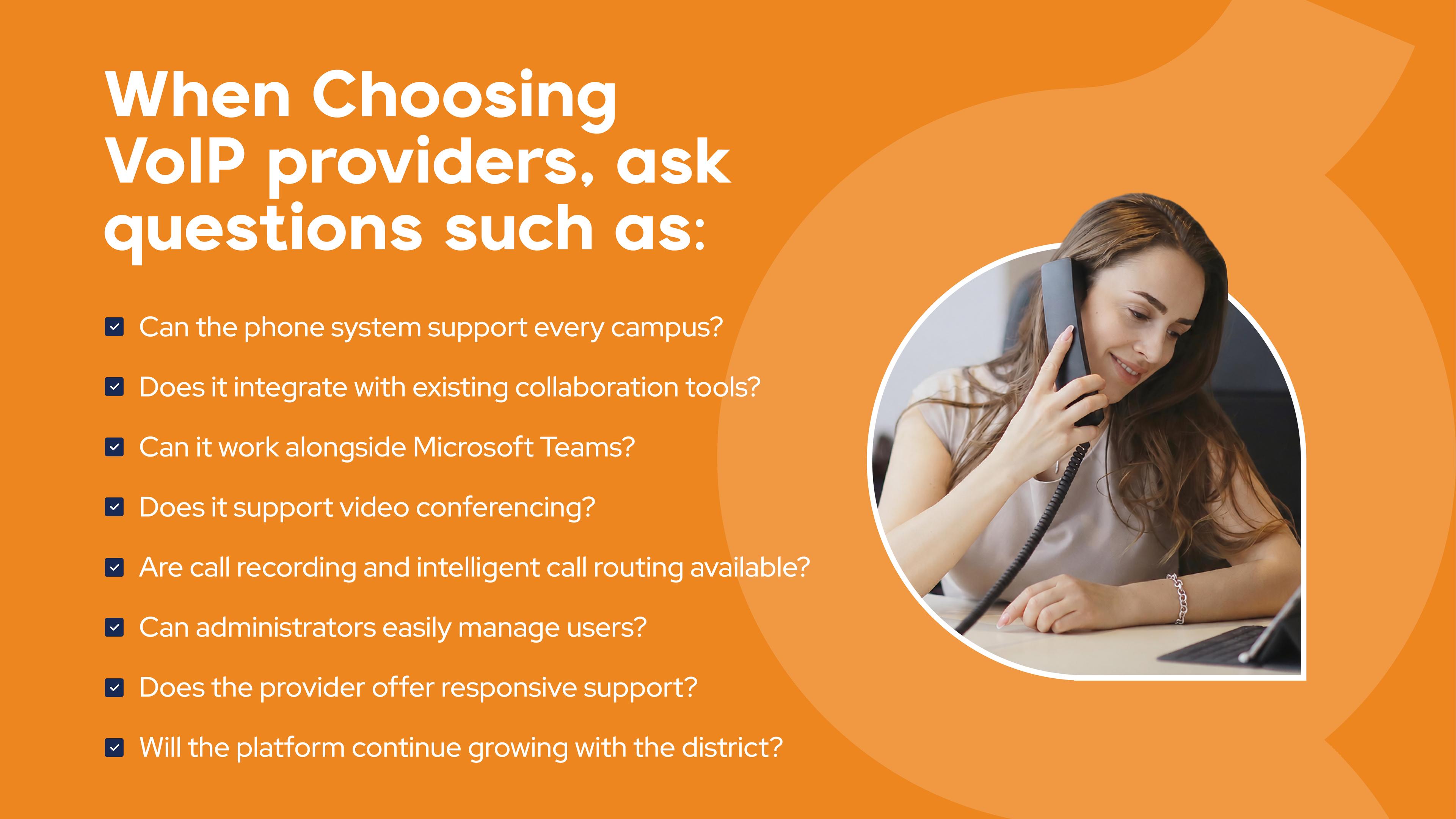 Infographic outlining key questions to consider when selecting a VoIP provider, alongside a photo of a woman talking on a landline desk phone.