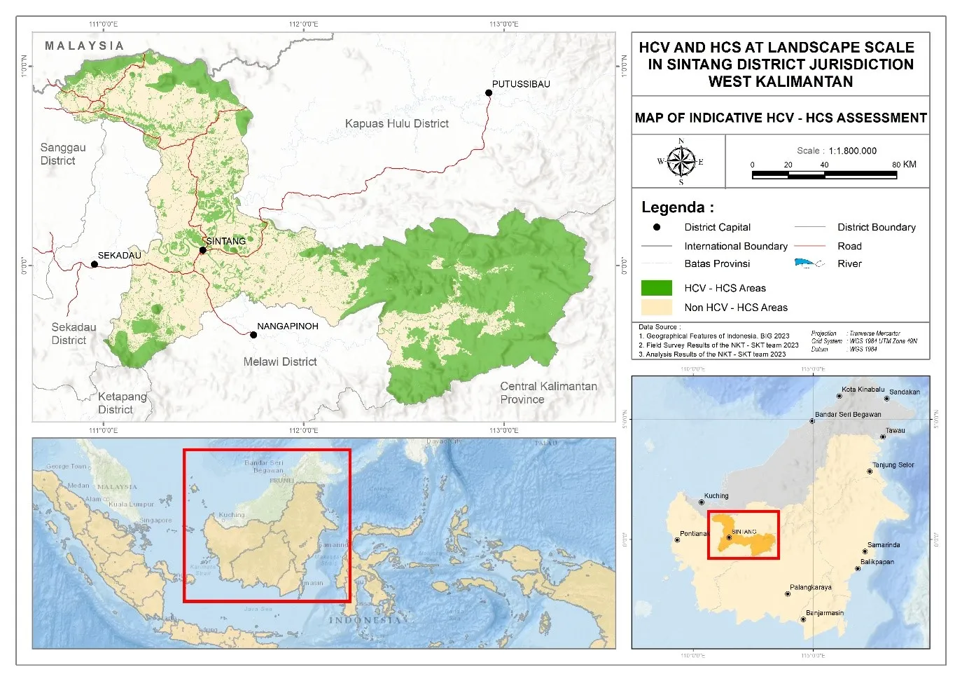Map of HCV-HCS indicative areas of Sintang resulting from recent studies conducted by WWF