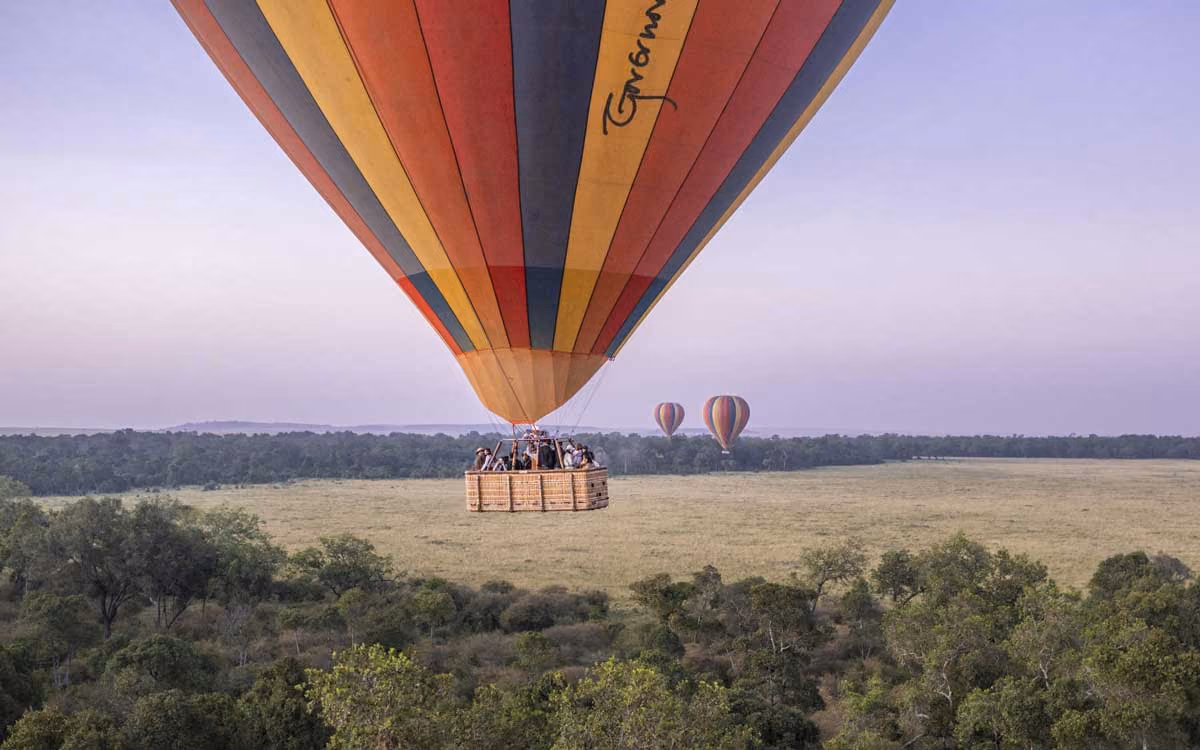 Colorful hot air balloons flying over a green field with trees under a clear sky.