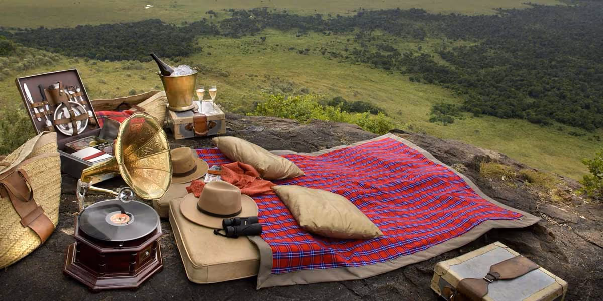 Outdoor picnic setup on a rock with a gramophone, cushions, blanket, hats, and scenic green valley view.