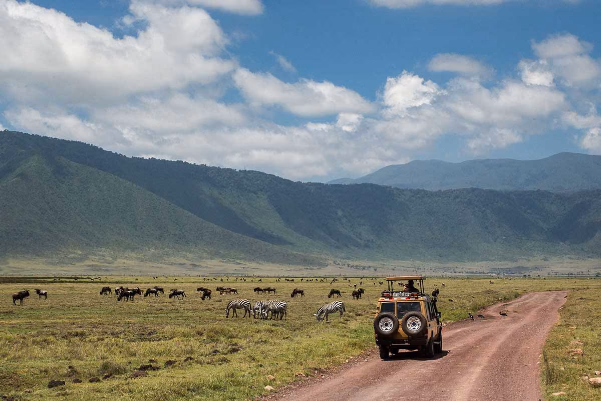 Safari vehicle driving on dirt road near zebras and wildebeests in a grassy plain with mountains and clouds above.