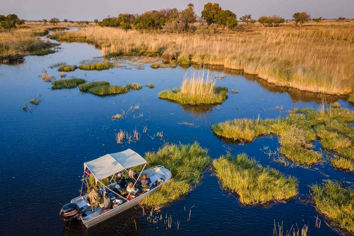 Boat with people navigating through a wetland area with grassy islands and trees in the distance.