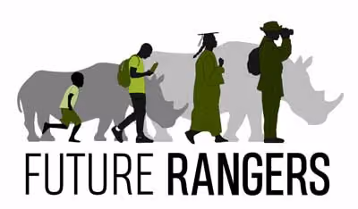 Silhouettes of child, student, graduate, and ranger in front of three rhinos with text Future Rangers.